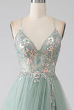 Green A-Line Tulle Strapless Sequined Long Prom Dresses for Birthday Backless Evening Gowns HZ1024