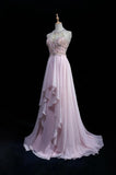 Pink A-Line Tulle High Neck Chiffon Long Beaded Backless Prom Dress Retro Wedding Birthday Dress HZ1024