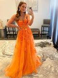 A line Strapless Tulle Lace Long Prom Dres Applique Formal Dress HZ1024