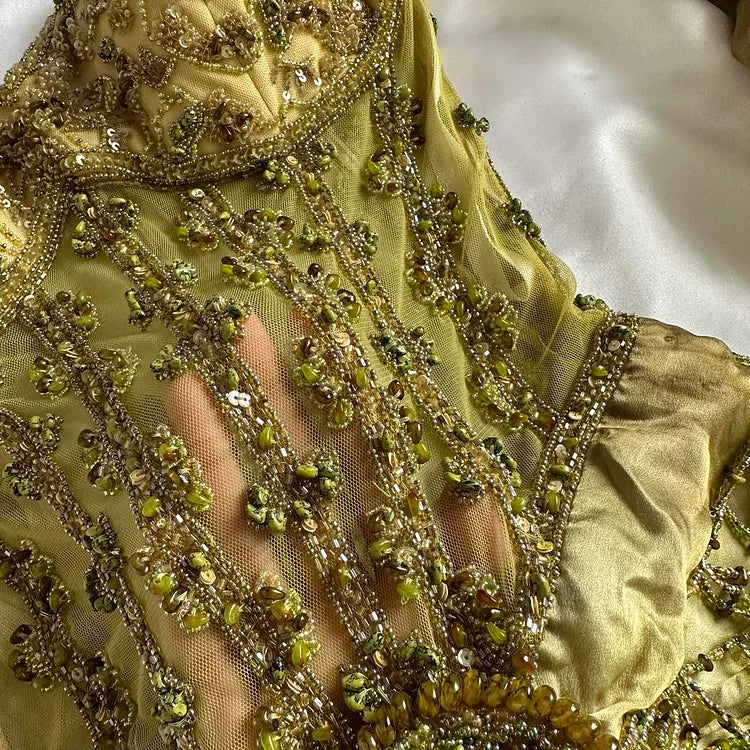 Gold Spaghetti Strap Silk Sheath Prom Dresses Beaded Evening Gowns with Scarf HZ1024