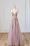 Tulle Long A-Line Prom Dress, Pink Spaghetti Formal Dress with Beaded HZ1024