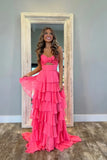 Hot Pink A-Line Strapless Chiffon Long Prom Dress Layered Slit Sleeveless Evening Gown HZ1024