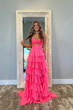 Hot Pink A-Line Strapless Chiffon Long Prom Dress Layered Slit Sleeveless Evening Gown HZ1024