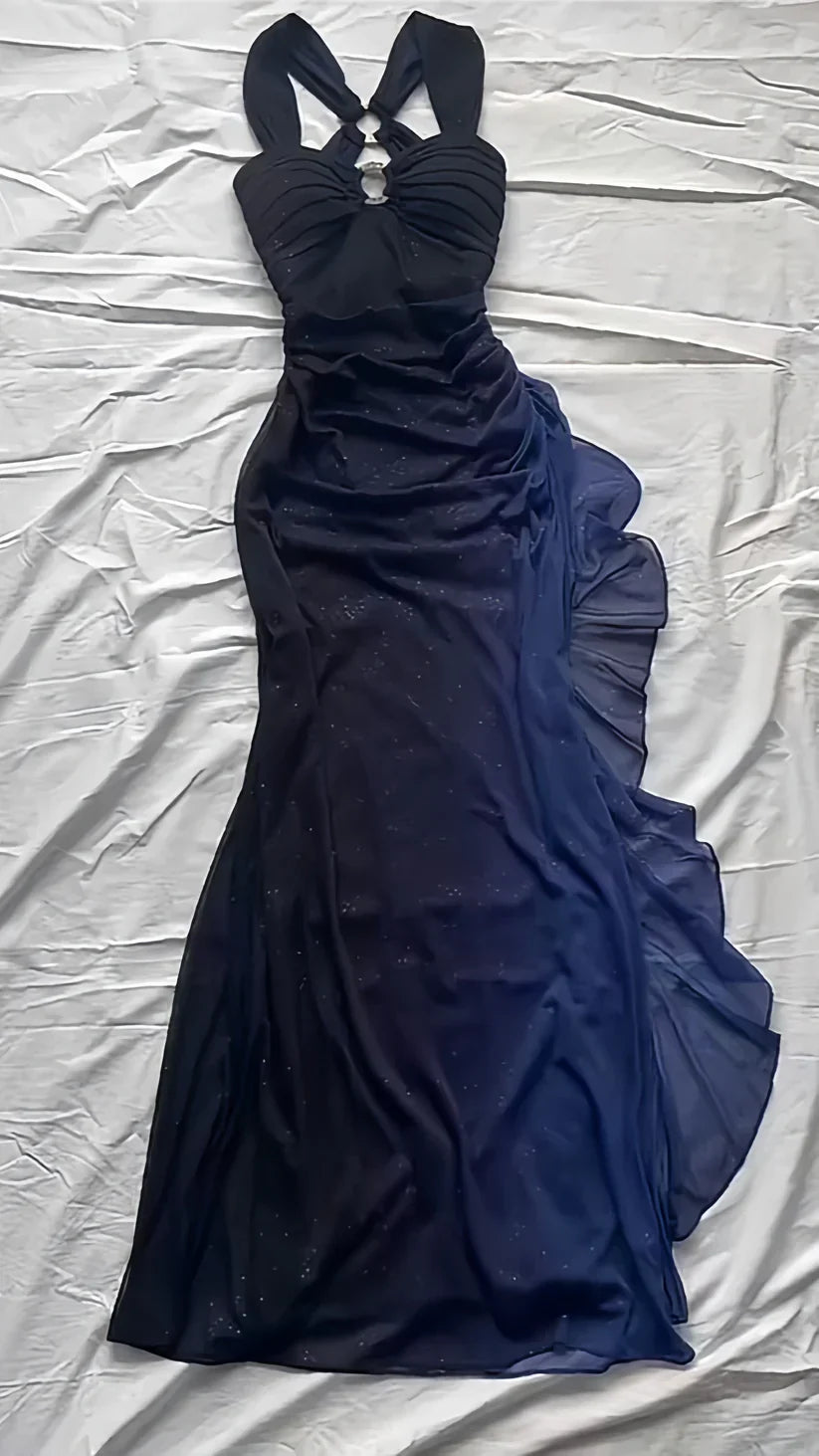 dresses under $160||Elegant Gradient Navy Blue Sheath Spaghetti Straps Sparkling Chiffon Prom Dress for Party HZ1024