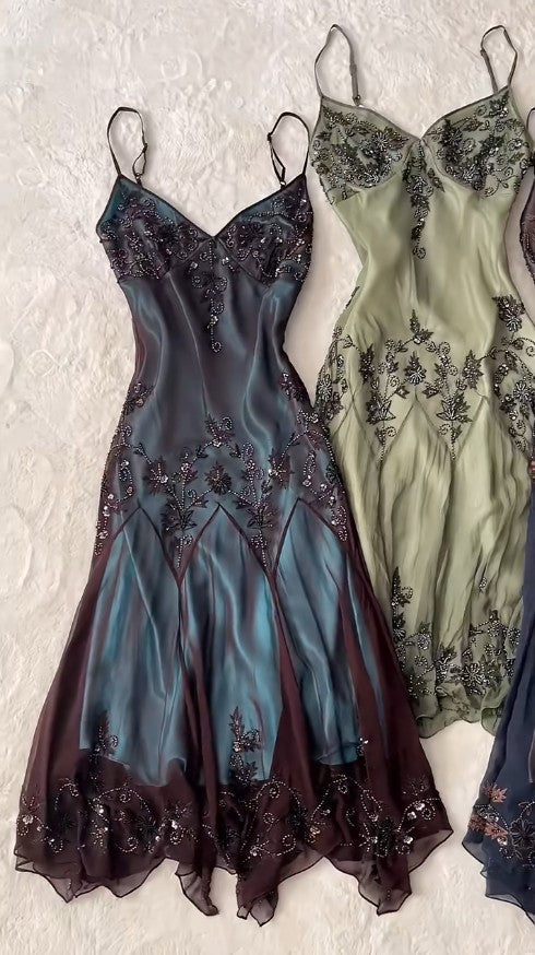 Prom Dresses Under $180??Gothic Spaghetti Straps Blue Satin Chiffon Sheath Evening Dress with Beading HZ1024