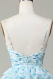 Enchanted Blue A-Line Evening Gown ¨C Sweet Floral Layered Prom Dress for Special Occasion HZ1024