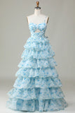 Enchanted Blue A-Line Evening Gown ¨C Sweet Floral Layered Prom Dress for Special Occasion HZ1024
