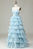 Enchanted Blue A-Line Evening Gown ¨C Sweet Floral Layered Prom Dress for Special Occasion HZ1024