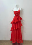 Red A-line Spaghetti Straps Layed Chiffon Prom Dress for Birthday Sweet Evening Gown HZ1024