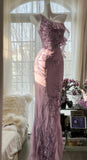 Light Purple One Shoulder Bodycon Beading Chiffon Prom Dress Vintage Glitter Evening Gown HZ1024