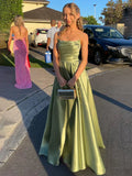 Sage Green Satin A-line Long Prom Dress With Slit Strapless Evening Dress HZ1024