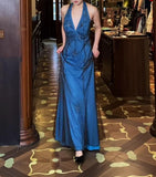V-neck Blue Beaded Satin Sheath Elegant Backless Chiffon Spaghetti Strap Long Evening Gown HZ1024