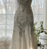 Spaghetti Straps Apricot Beaded Chiffon Mermaid Gowns Vintage Backless Prom Dress HZ1024