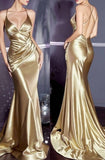 Gold Satin Spaghetti Strap Mermaid Backless Prom Dress Formal Prom Dress HZ1024