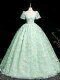 Mint Green A-Line Puff Sleeves Tulle Lace Long Prom Dress Formal Dress HZ1024