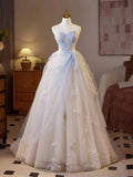 A-Line Sweetheart Tulle Champagne Long Prom Dresses Beaded Sequins Sweet 16 HZ1024