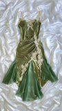 Olive Green Spaghetti Straps Satin Party Dress Vintage Lace Applique Chiffon Mermaid Evening Dress HZ1024