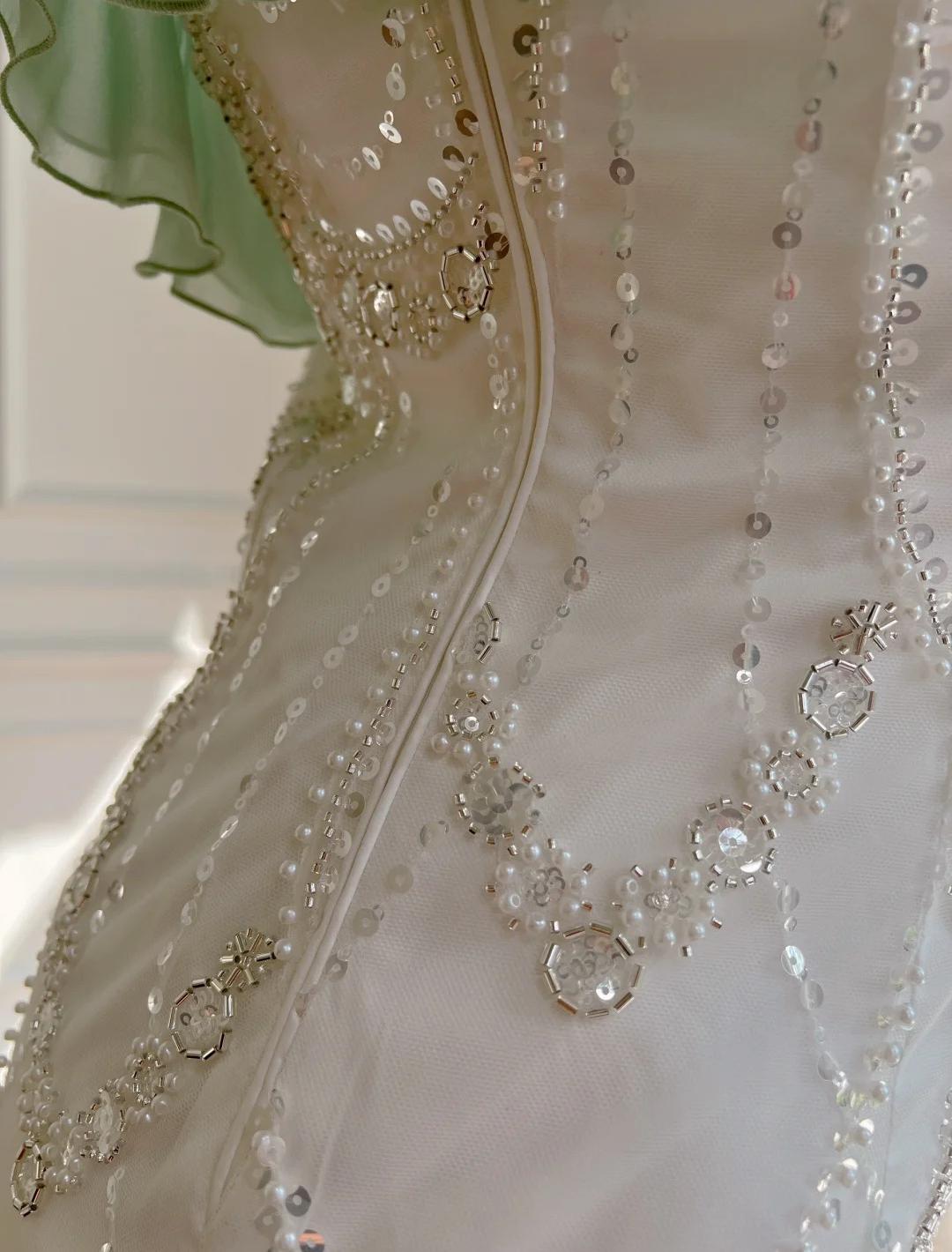 Mint Green Spaghetti Straps Chiffon Ruffled Prom Dresses Shiny Beaded Sequined Backless Evening Dresses HZ1024