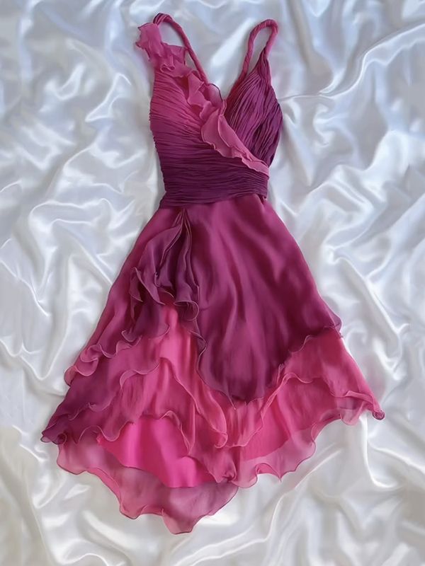 Gothic V-neck A-Line Chiffon Party Dress Vintage Gradient Pink Short Prom Dress HZ1024