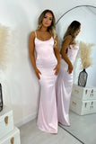 Pink Satin Mermaid Spaghetti Straps Evening Dress Sexy Backless Prom Dress for Party HZ1024