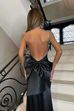Mermaid Pink Backless Long Evening Dresses Spaghetti Straps Party Dresses with Bowknot HZ1024