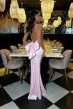 Mermaid Pink Backless Long Evening Dresses Spaghetti Straps Party Dresses with Bowknot HZ1024