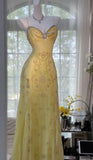 Butter Yellow Spaghetti Straps A-line Tulle Beaded Long Prom Dresses Backless Evening Gowns HZ1024