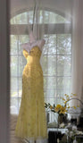 Butter Yellow Spaghetti Straps A-line Tulle Beaded Long Prom Dresses Backless Evening Gowns HZ1024
