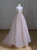V Neck Tulle Pink Long Prom Dress, Pink Tulle Long Formal Dress HZ1024