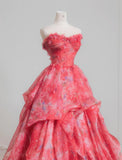 Red A-Line Strapless Printed Tulle Wedding Dress Sweet Long Prom Dresses HZ1024