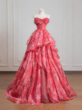 Red A-Line Strapless Printed Tulle Wedding Dress Sweet Long Prom Dresses HZ1024