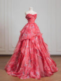 Red A-Line Strapless Printed Tulle Wedding Dress Sweet Long Prom Dresses HZ1024