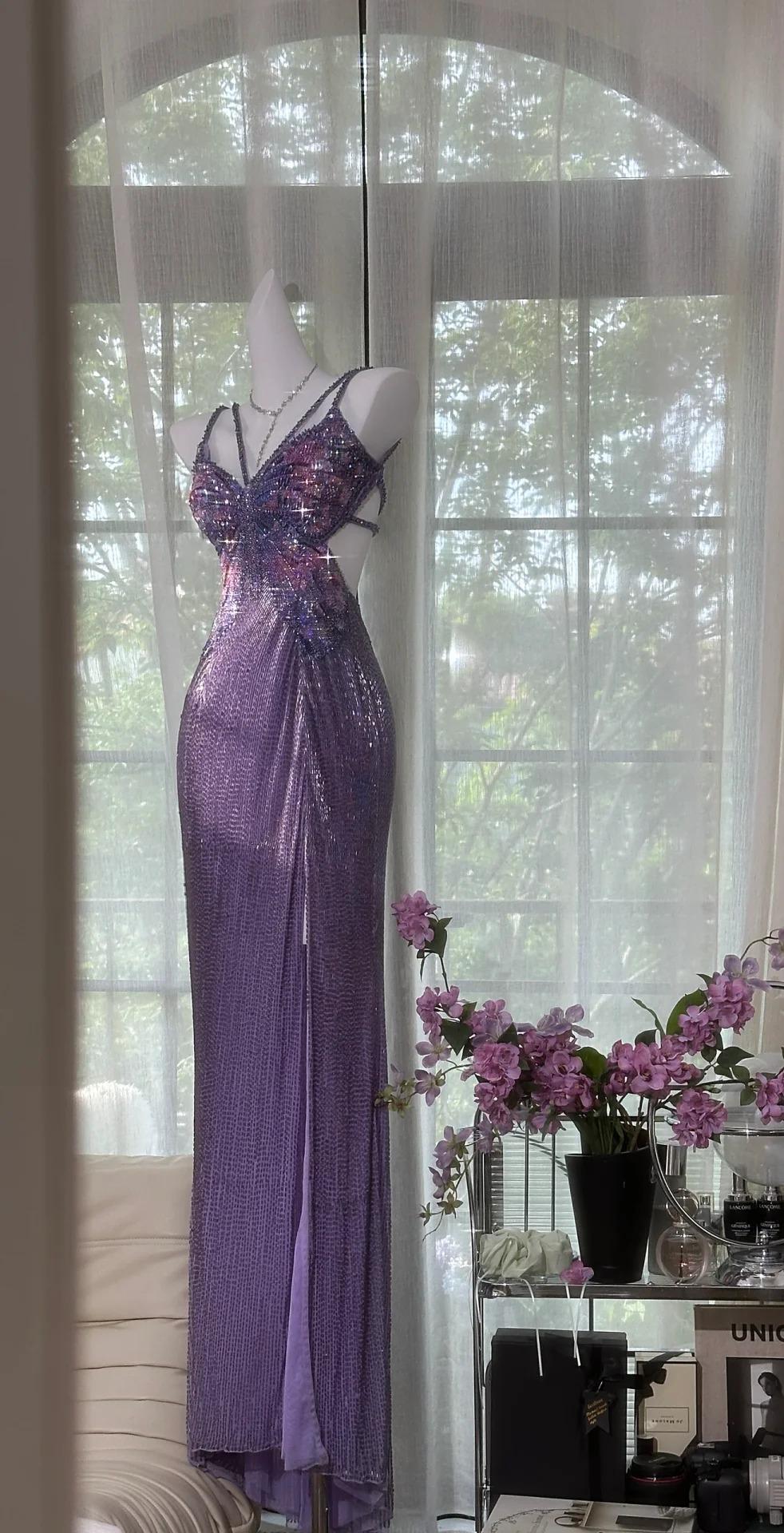Purple Chiffon Beaded Sheath Elegant Backless Prom Dresses with Slits HZ1024