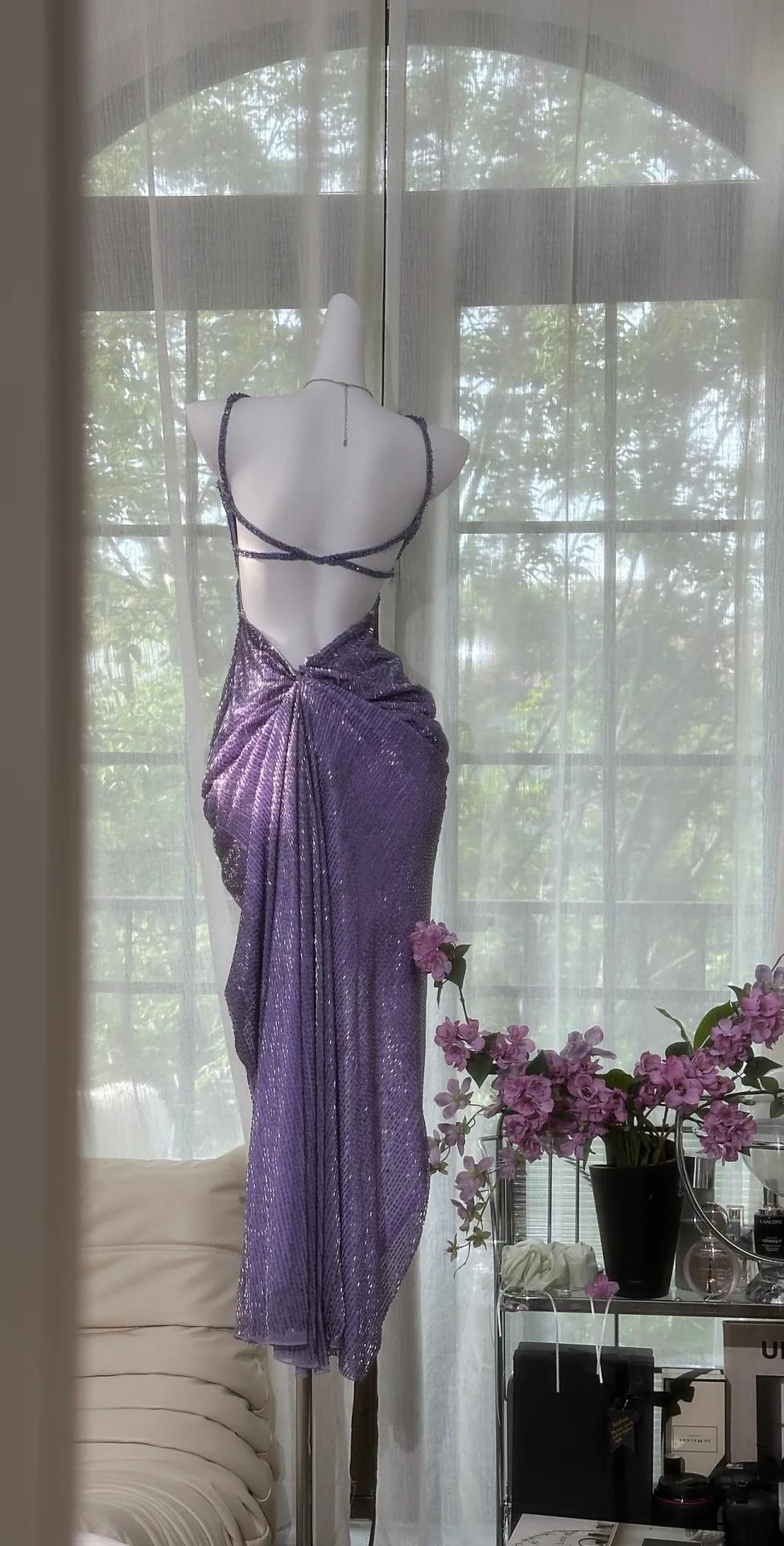 Purple Chiffon Beaded Sheath Elegant Backless Prom Dresses with Slits HZ1024