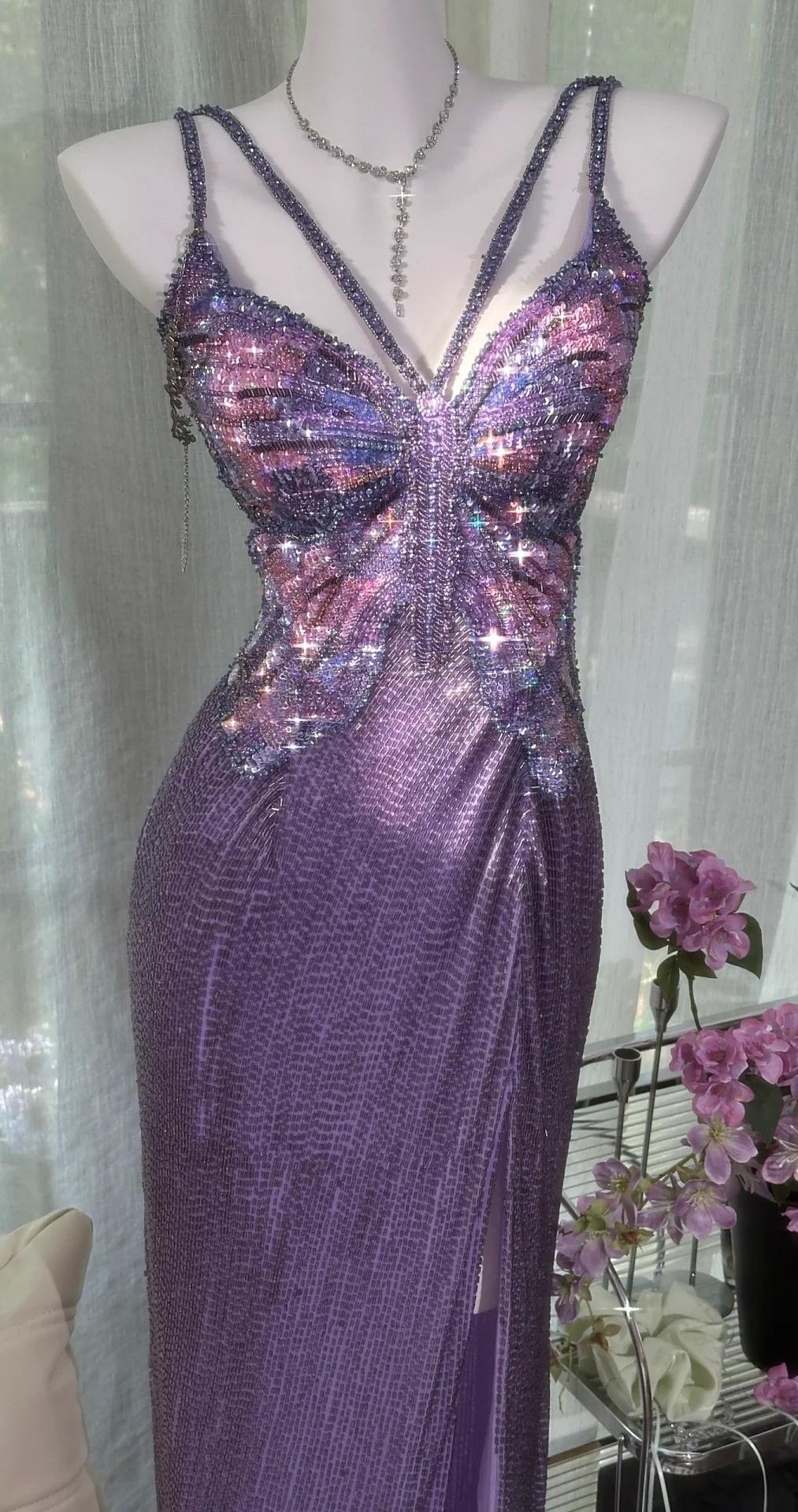 Purple Chiffon Beaded Sheath Elegant Backless Prom Dresses with Slits HZ1024