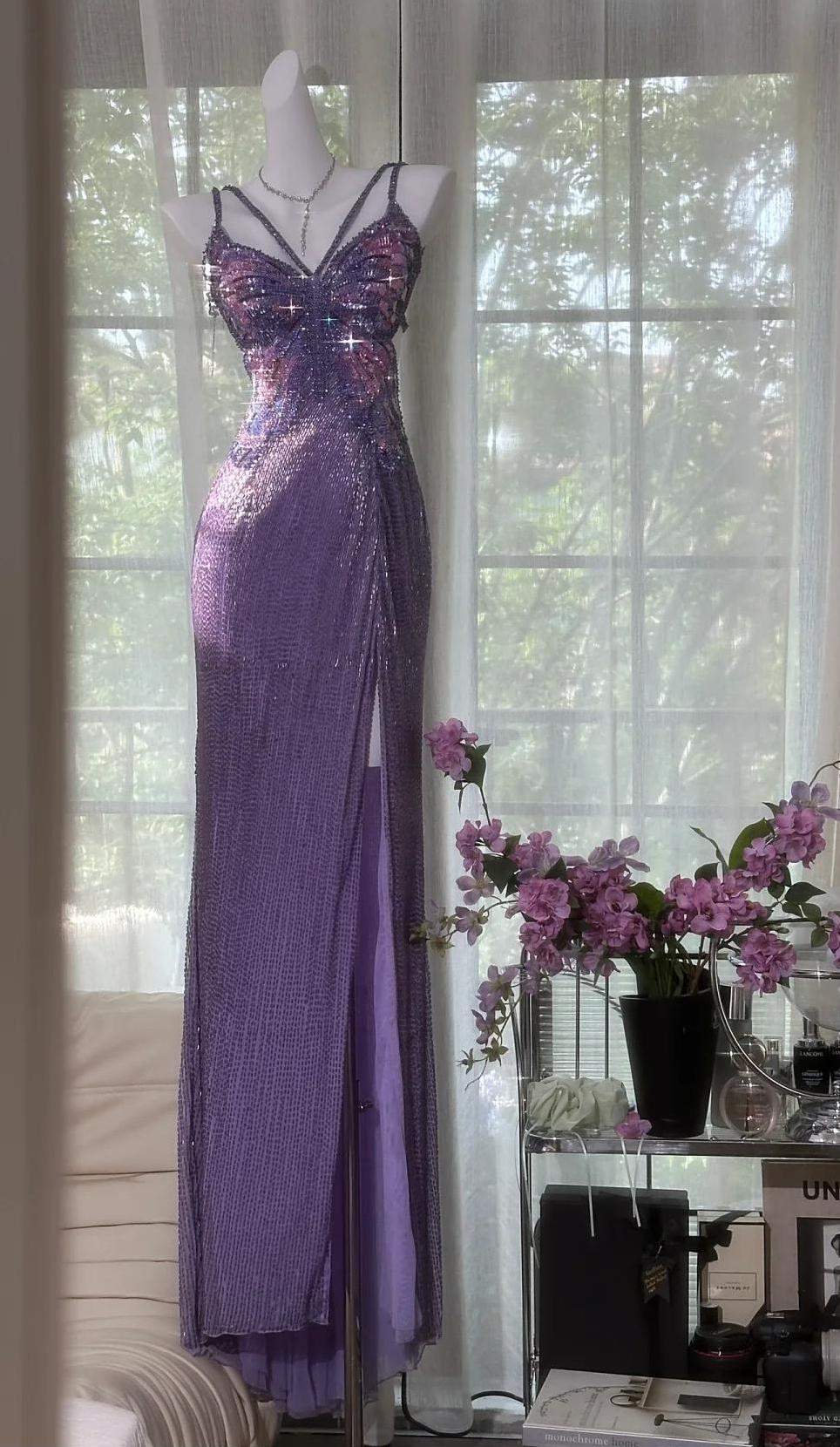 Purple Chiffon Beaded Sheath Elegant Backless Prom Dresses with Slits HZ1024
