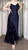Navy Blue Jacquard Satin Spaghetti Strap Sheath Prom Dresses Shiny Beaded Evening Gowns HZ1024
