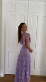 Lilac V-neck Lace Long Prom Dresses A-line Backless Evening Gowns HZ1024