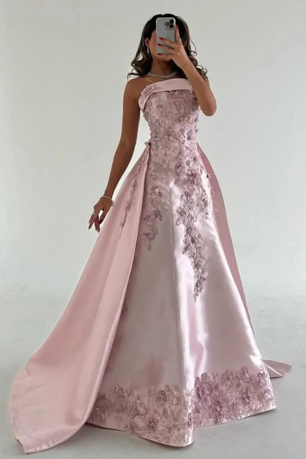Pink A-Line Strapless Satin Prom Dress with Appliques Train Evening Gowns HZ1024