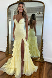 Lilac Mermaid Spaghetti Straps Silt Prom Dress Backless Lace Applique Evening Dress with Ruffles HZ1024