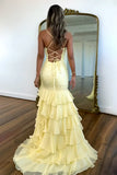 Lilac Mermaid Spaghetti Straps Silt Prom Dress Backless Lace Applique Evening Dress with Ruffles HZ1024