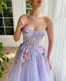 Purple Strapless Applique Tulle A-Line Long Prom Dresses Formal Evening Gowns HZ1024