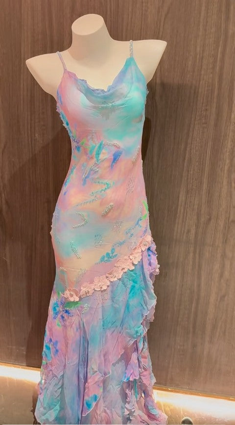 Colorful Spaghetti Straps Chiffon Beaded Sheath Long Prom Dresses Stunning Evening Gowns HZ1024