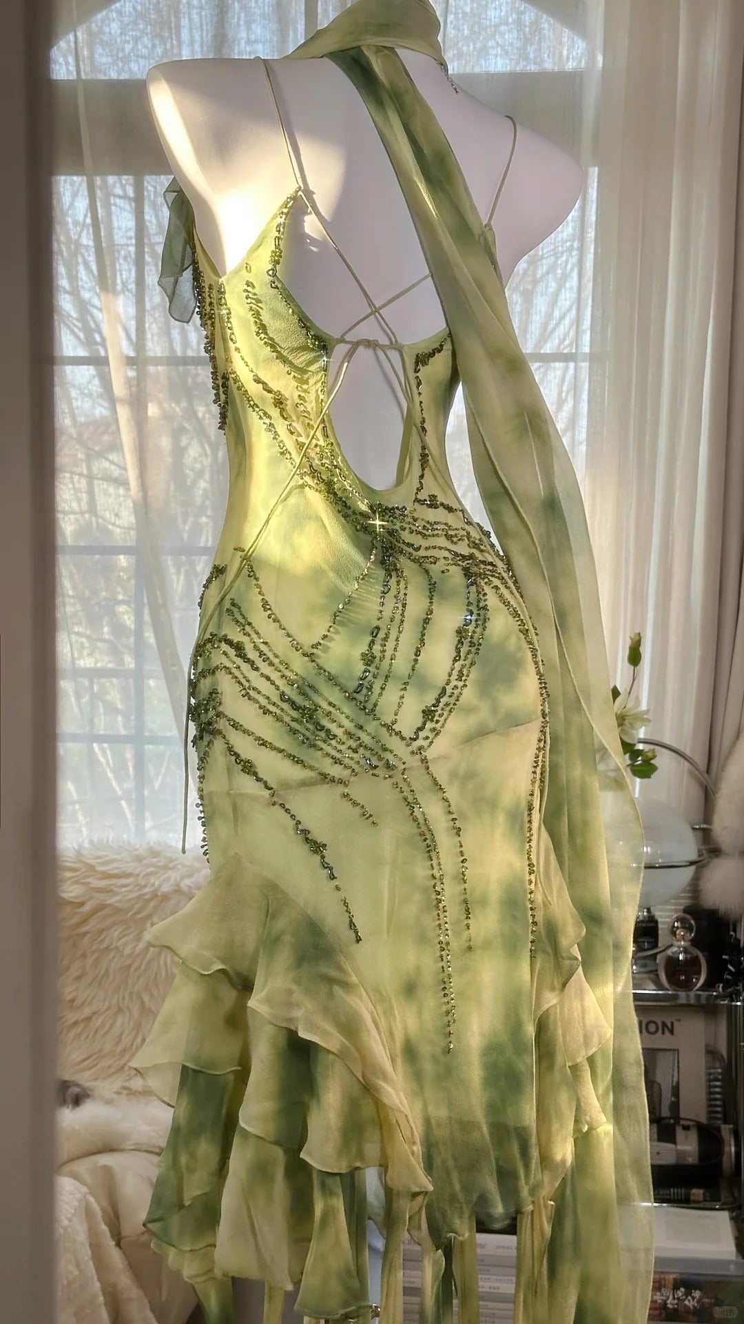 Green Spaghetti Straps Sheath Party Dresses Chiffon Beaded Short Y2K Prom Dresses HZ1024