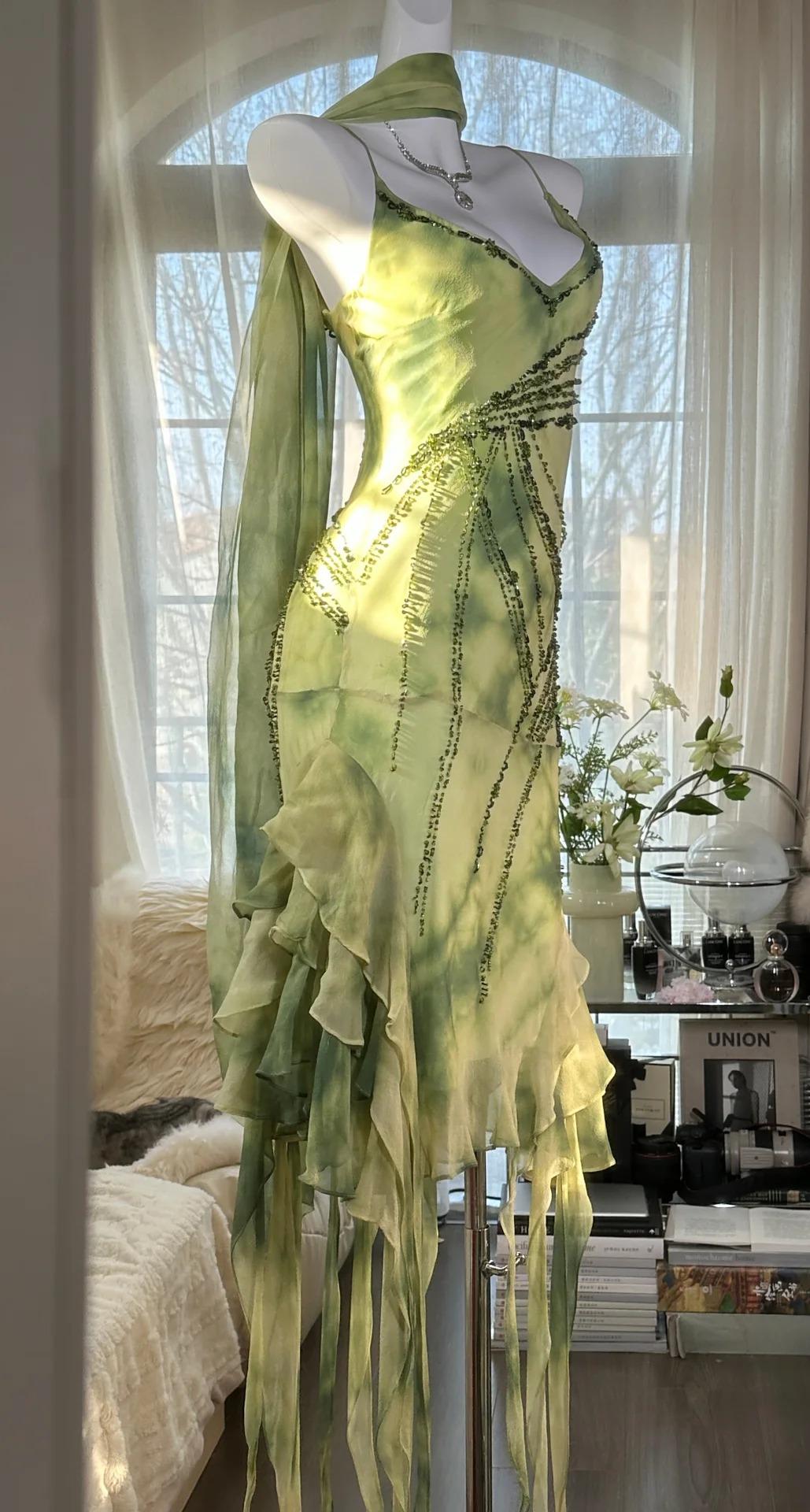 Green Spaghetti Straps Sheath Party Dresses Chiffon Beaded Short Y2K Prom Dresses HZ1024