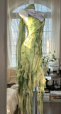 Green Spaghetti Straps Sheath Party Dresses Chiffon Beaded Short Y2K Prom Dresses HZ1024