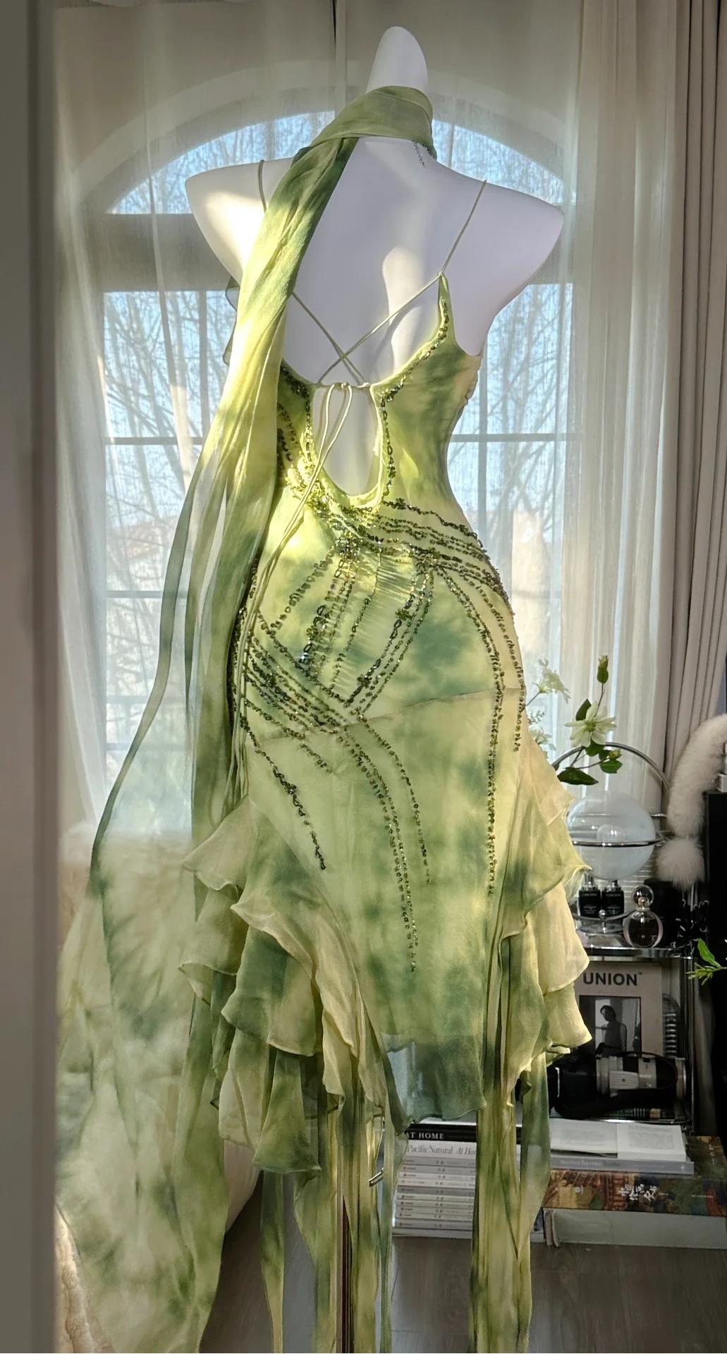 Green Spaghetti Straps Sheath Party Dresses Chiffon Beaded Short Y2K Prom Dresses HZ1024