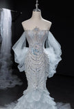 Grey Strapless Mermaid Tulle Beaded Gorgeous Train Wedding Dress HZ1024