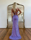 Purple Spaghetti Straps Sheath Sequin Beading Prom Dresses Formal Evening Gowns HZ1024
