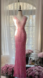 Gradient Pink Mermaid V Neck Chiffon Beading Long Prom Dresses Vintage Formal Evening Gowns HZ1024